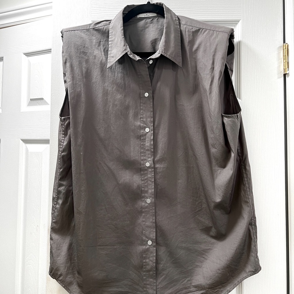 BABATON- Button Down Blouse 100% Cotton with Shoulder Pads - Grey -- Aritizia